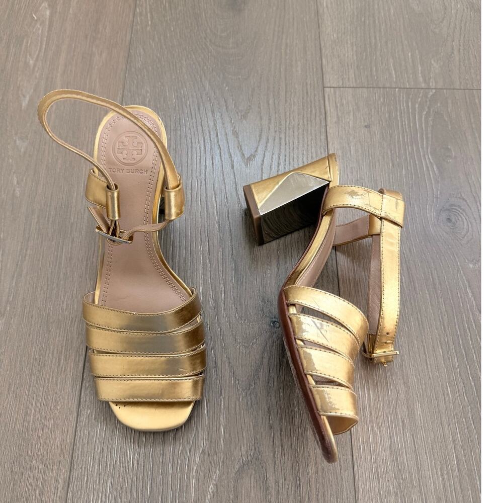 Tory Burch Metallic Gold Leather‎ Block Heel Ankle Strap Sandals 6.5M